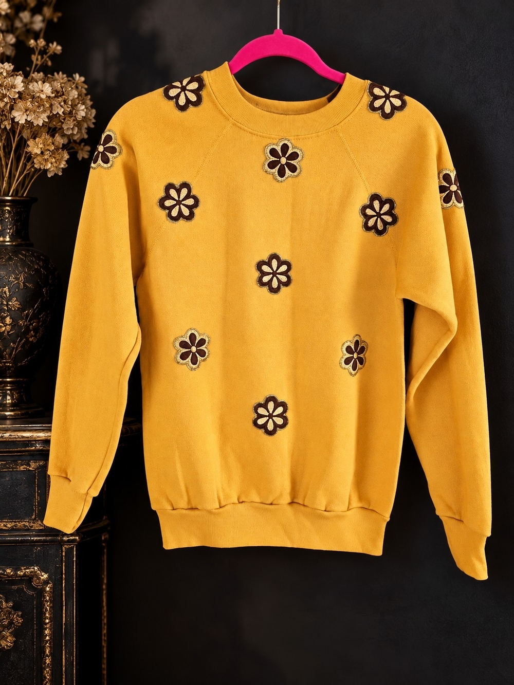 Vintage 90s Better Basics by Tultex Mustard Floral Appliqué Sweatshirt